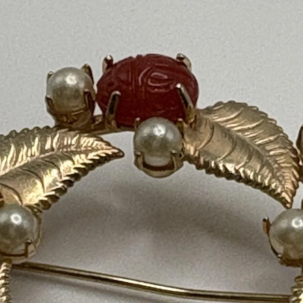Vintage Scarab Brooch Gold Filled Carved Stone Faux Pearls Wreath